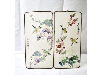 Pair Of Signed Japanese Silk Screen Art Of Humming Birds