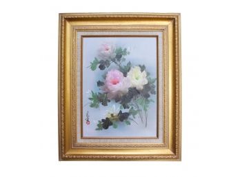 Signed Framed Oil On Canvas Of Flowers In Gilt Carved Wooden Frame