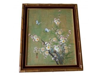 Japanese Signed Framed Painting Of Cherry Blossoms And A Butterfly