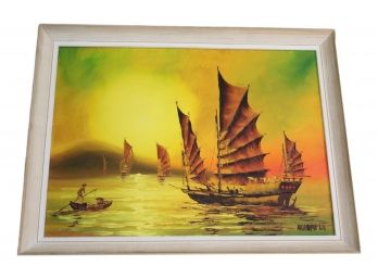 Signed Robert Ln Framed Oil On Canvas Of A Sunset Sailboat Scene