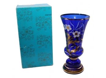 Blue Bohemian Glass Vase From Czechoslovakia With Box