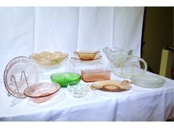 Collection Of Depression Glass And Other Glass Serving Dishes