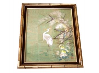 Signed Japanese Framed Painting Of A Crane With Flowers