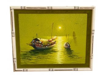 Signed J.L. Lee Asian Oil On Canvas Of Fishing Scene In A Bamboo Style Frame