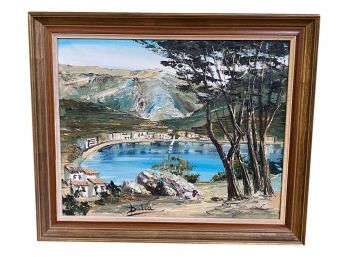 Signed Dalia Framed Oil On Canvas Of A Pond Scene Overlooking Mountains