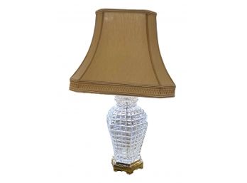 Hexagonal Cut Crystal Table Lamp On Grecian Golden Base With Embroidered Bell Shaped Shade