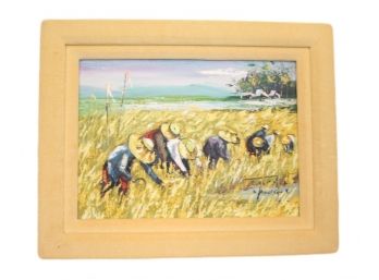 Signed Velvet Framed Oil On Canvas Of Workers In A Field