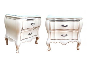 Pair Of White Fine Furniture Co. French Provincial Two Drawer Night Stands With Glass Tops