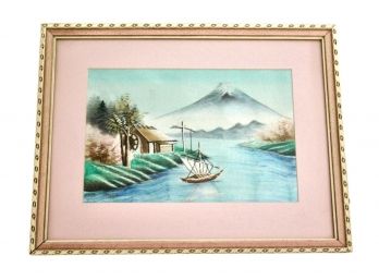 Vintage Japanese Framed Silk Embroidery Of A Lake Scene Overlooking Mt. Fuji