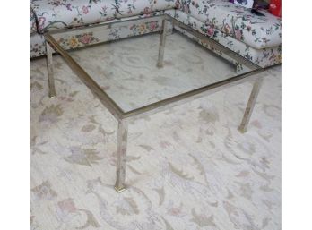 Romeo Rega Style Mid-century Chrome And Brass Glass Top Square Coffee Table