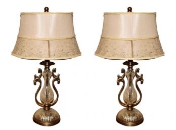 Pair Of Antique Crystal Table Lamps With Embroidered Shade