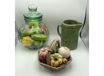 Antique Stoneware Pitcher ,Green Jar & More