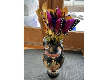 Black Urn With Metal Flowers