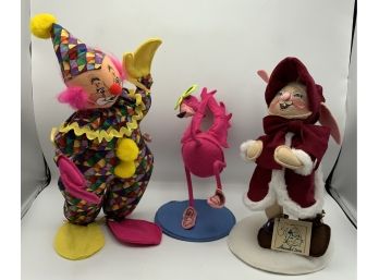 3 Annalee Dolls ~ Clown, Bunny & Flamingo ~