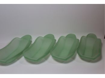 Vintage Set Of 4 Frosted Green Indiana Glass Banana Split Dishes