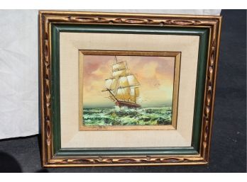 Original Oil Ship At Sea - Great Frame And Color No Signature