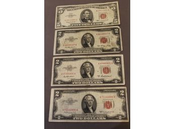 Vintage Currency Red Seal $5 And 3 $2 Bills