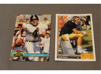 2 Brett Favre Rookie Cards 1991 Upper Deck & Topps Stadium Club