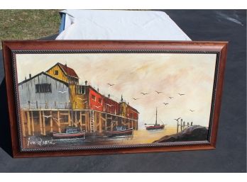 Original Oil Of Bayside Dock Area By Van Gaard  Studios- Signed MCM