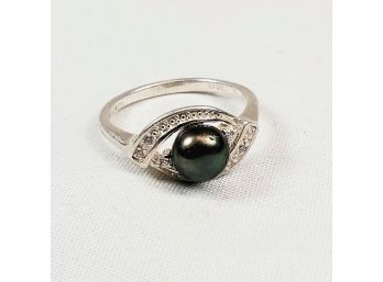 Sterling Silver Marcasite Black Synthetic Pearl  Ring