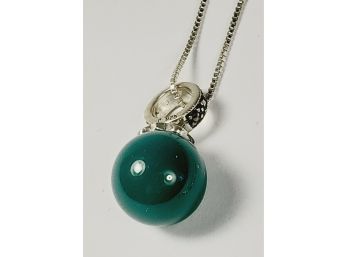 Green Stone Shape Of A Pearl Marcasite Sterling Silver Pendant With Sterling Chain