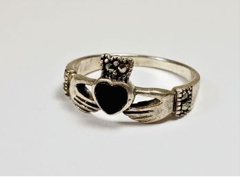 Sterling Silver Onyx  Heart Claddagh Ring