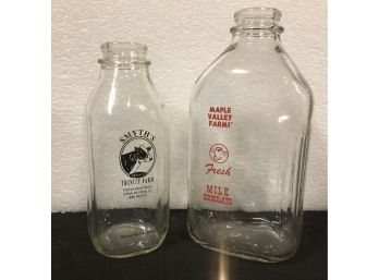 2 Glass Milk Bottles, Enfield CT & Milk Chocolate From Maple Vally Farms