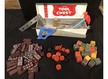 Vintage Toy Tool Chest And Game Pieces