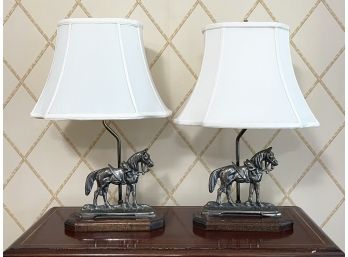 A Pair Of Cast Metal Equestrian Themed Lamps