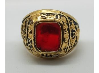 Vintage Size 10 1/2 Gold Tone US Army Ring With Red Stone