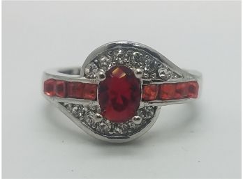 Lovely Silver Plated Size 8 Ring With Red Faux Stones ~ Marked 925