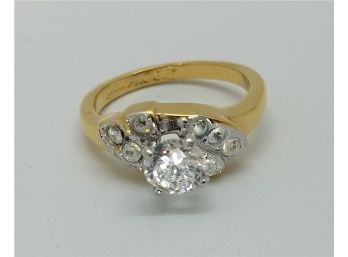 Beautiful Vintage 14K Gold Plated Size 6 1/2 Ring With A Large CZ Surrounded By 4 Smaller CZ's On Each Side