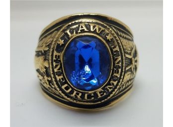 Vintage 14 K Gold Plated Size 12 1/2 Law Enforcement Ring With A Blue Stone