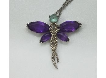 Beautiful Vintage Sterling Silver Dragonfly Pendant With Chain