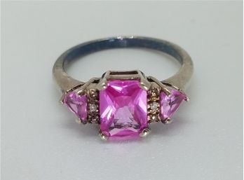 Vintage Sterling Silver Size 7 Ring With 3 Pink Topaz Surrounded By 6 Diamond Chips