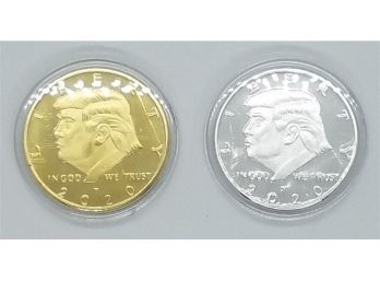 Lot Of (2) Brand New 2020 Uncirculated Silver Tone & Gold Tone Donald Trump American Eagle Commemorative Coins