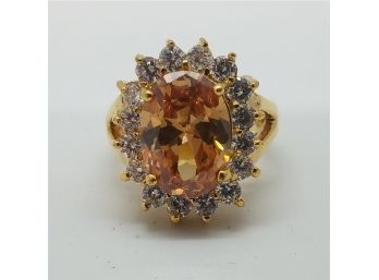 Vintage Size 8 Gold Tone Ring With A Smokey Stone Surrounded By CZ's