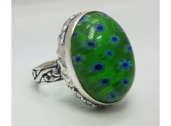 Size 7 1/2 Huge Green Synthetic Blue Dot Stone