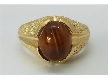 Vintage 18K Gold Plated Ring Size 12 With Beautiful Brown Cats Eye Style Stone