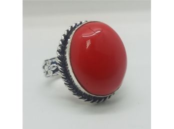 Size 7 Sterling Silver Plated Ring With Large Natural Red Coral ~ Marked 925