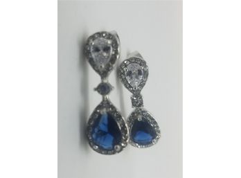 Pair Of Gorgeous Brand New Blue And Clear Silver Tone Earrings ~ 1' Long