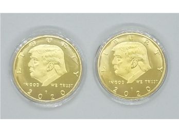 Lot Of (2) Brand New 2020 Uncirculated Gold Tone Donald Trump American Eagle Commemorative Coins.