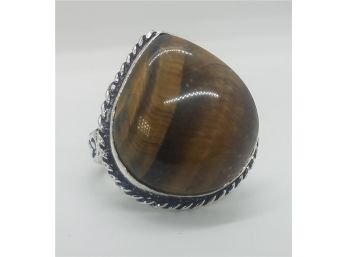 Size 8 Sterling Silver Plated With 7/8' Large Tiger Eye Stone ~ Marked 925