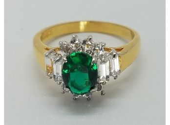 Vintage 18K Gold Plated Stunning Size 8 Ring With A Large Green Stone Surrounded By CZs