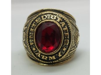 Vintage 14 K Gold Plated Size 8 US Army Ring With A Red Stone