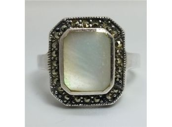 Vintage Unique Mother Of Pearl With Marcasite Ring Size 9 In Sterling Silver