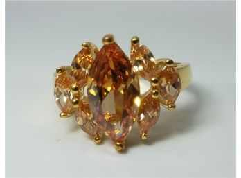 Vintage Gold Plated Size 9 Cocktail Ring With 7 Lovely Pink Stones.