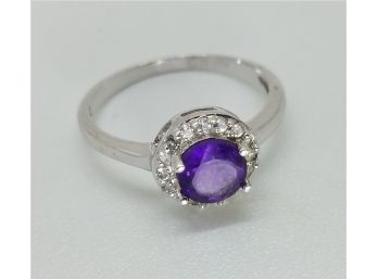 Wonderful Vintage Sterling Silver Ring Size 7 Real Amethyst Surrounded By CZs