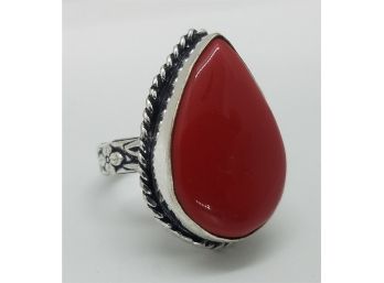 Beautiful Red Coral Teardrop Ring Size Size 7 Sterling Silver Plate