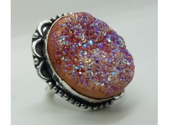 Huge Size 7 Ring With Huge Natural Titanium Electroplated Druzy Gemstone In Sterling Silver Plate